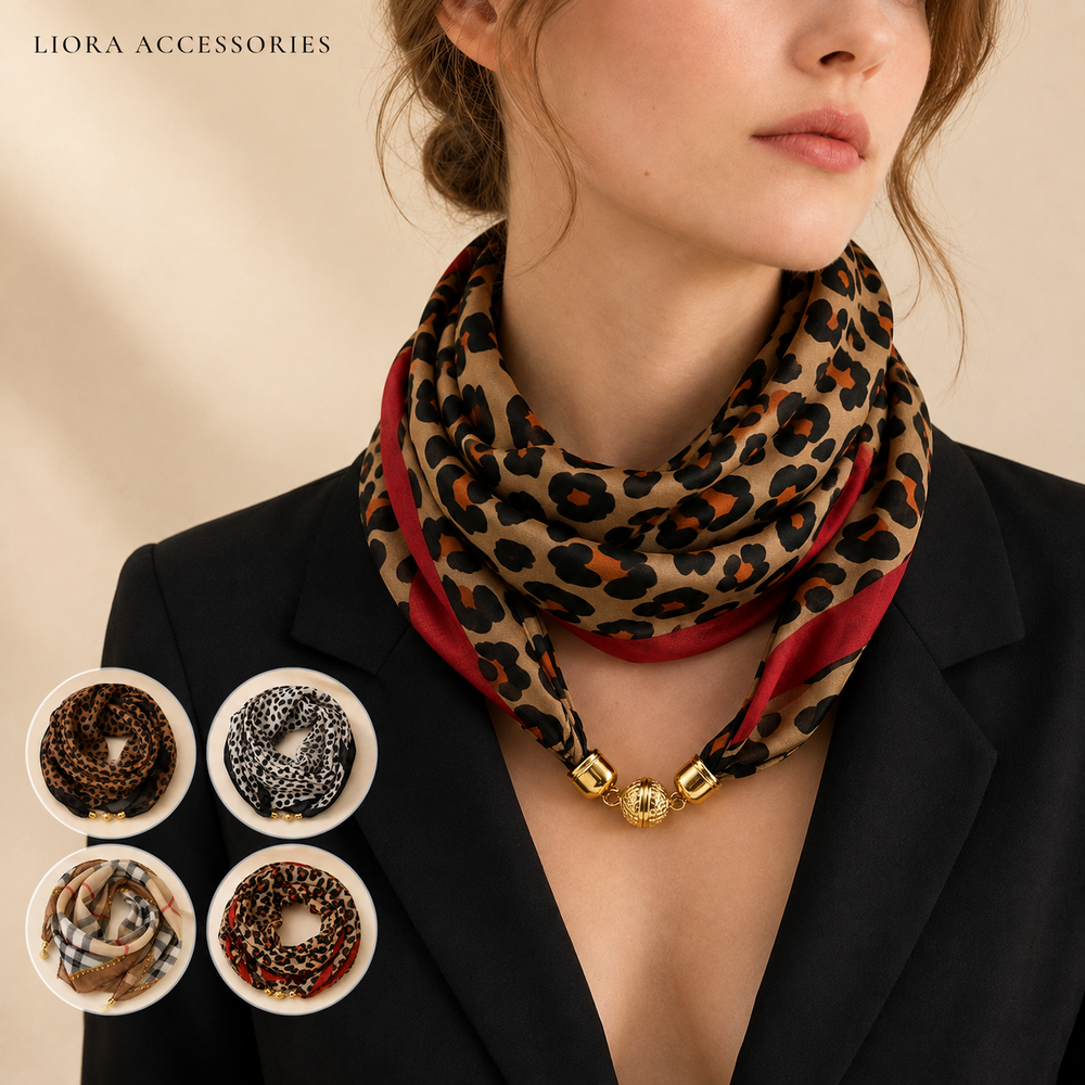 Écharpe carrée à imprimé léopard 63x63cm pour femmes avec fermoir magnétique, écharpe légère en mousseline, accessoire de mode