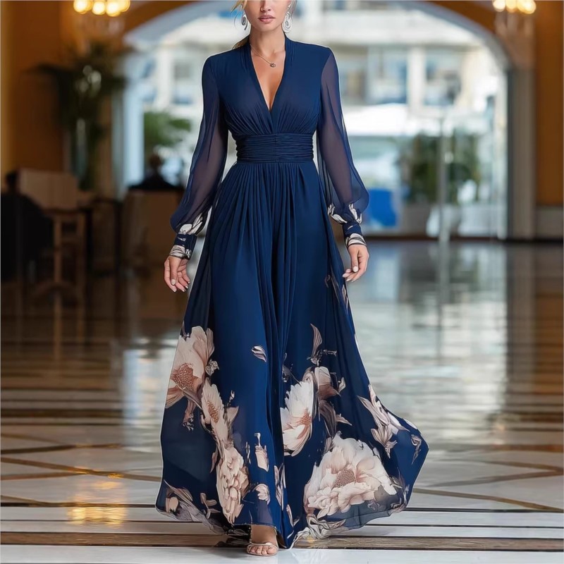 Robe longue élégante en mousseline 2026 à imprimé floral, col en V, manches lanternes, taille haute, coupe évasée pour femme, idéale pour les vacances