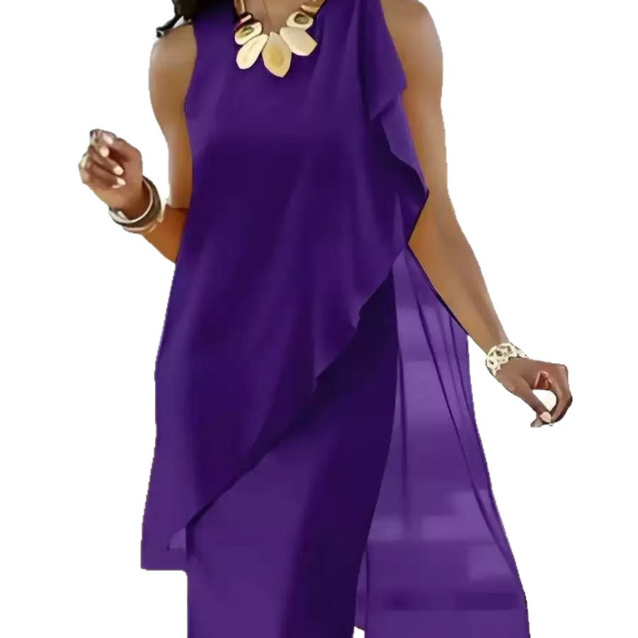 Robes pour femmes 2026 – Nouvelle collection été : Robe élégante en mousseline asymétrique sans manches, col rond, longueur genou – Vêtements féminins