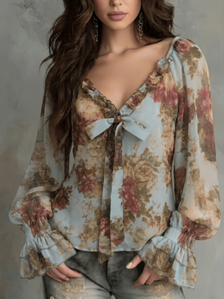 Chemise à imprimé floral vintage pour femmes, col en V avec manches bouffantes, haut en mousseline de soie, style élégant rétro