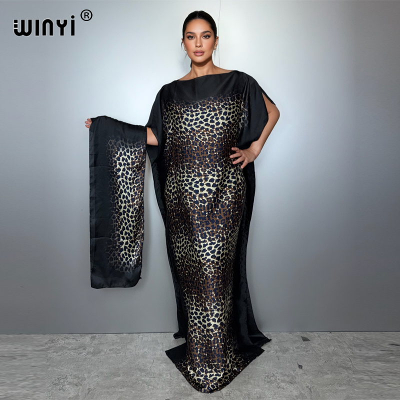 WINYI Robe traditionnelle africaine musulmane pour femme, Abaya Dubaï, Kaftan de luxe, Robe de soirée, Imprimé léopard, Robe longue, Tenue de plage