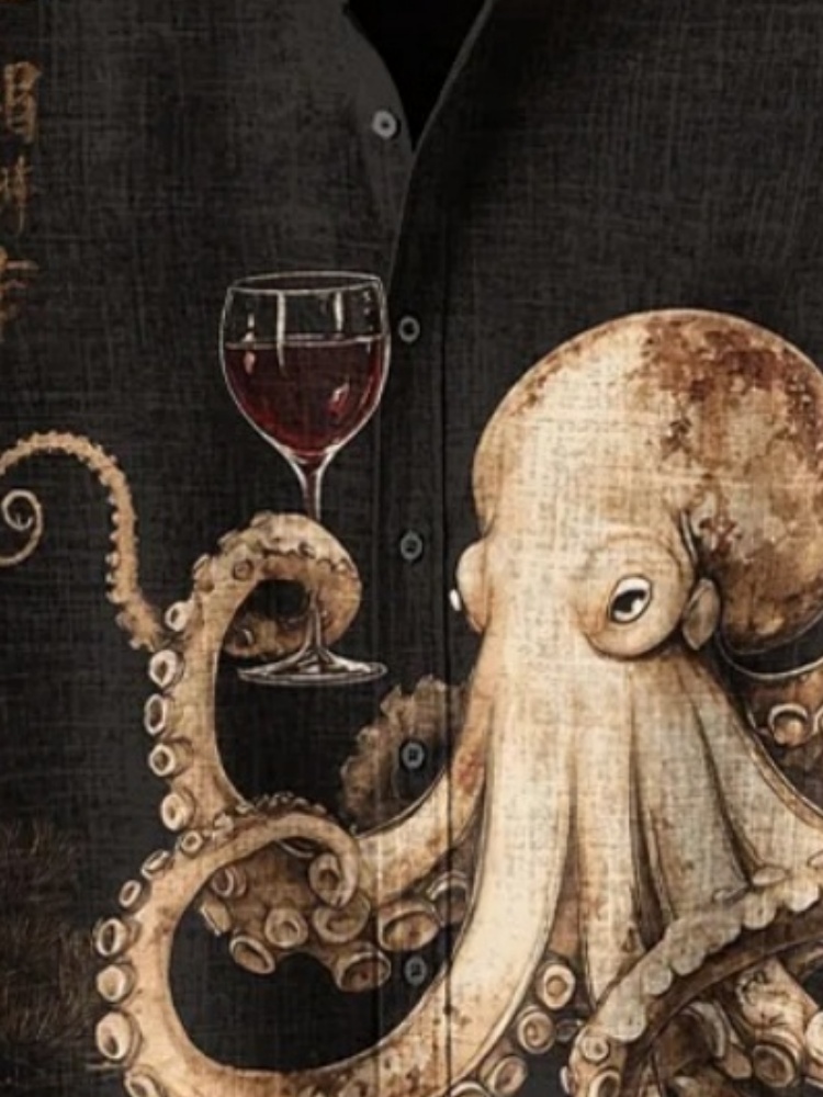 Bureau homme chemises noires hommes poulpe boire du vin rouge Art imprimé chemise décontractée Vintage fête à manches courtes 2025 boutons tunique haut