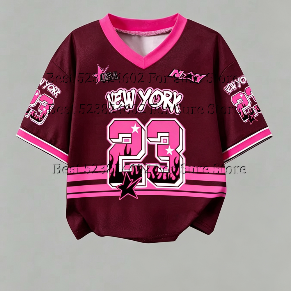 T-shirt court vintage rose et noir contrastant pour femme, motif New York 23, col en V, style Y2K Hip Hop Street, décontracté, été