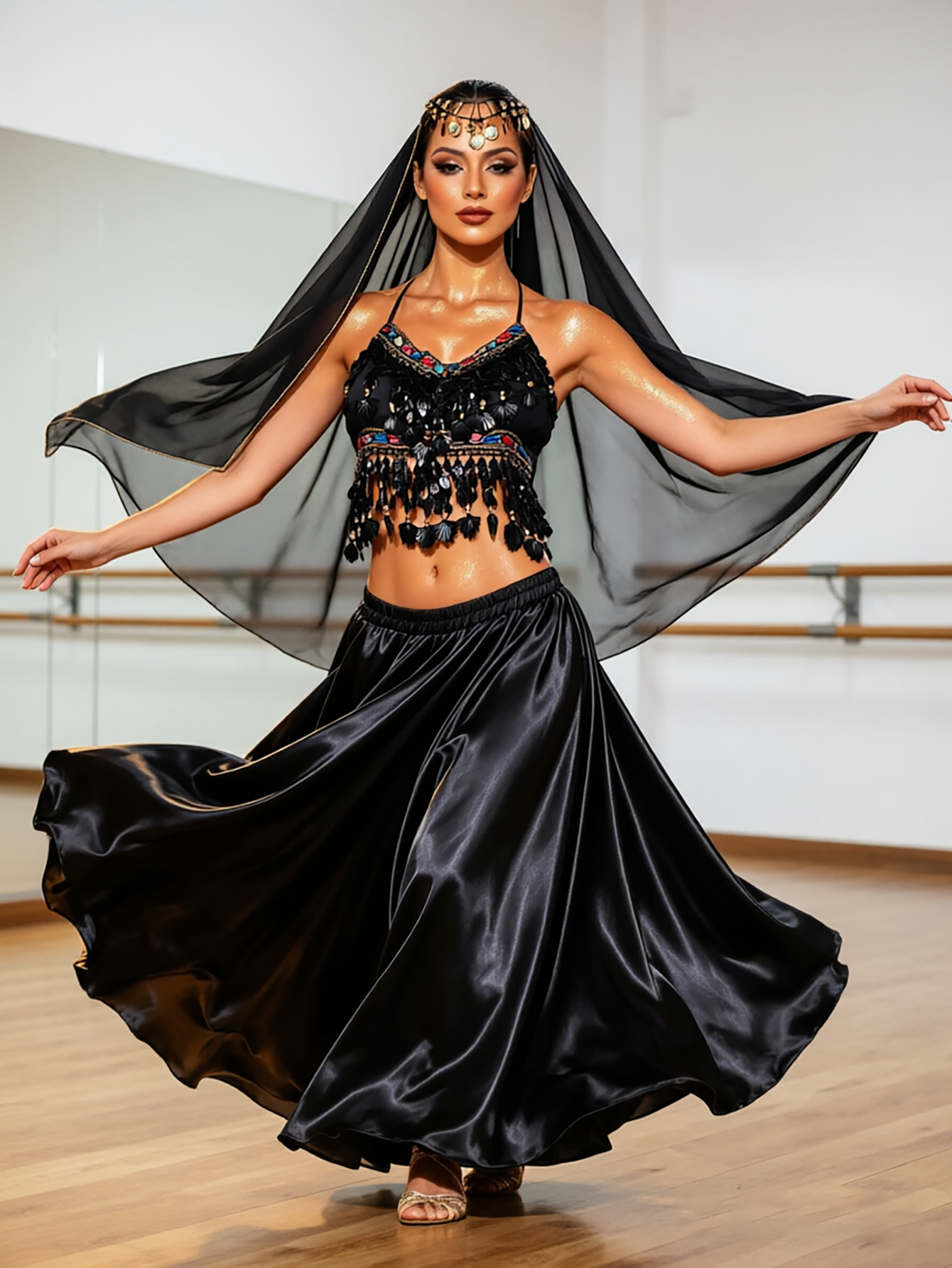 Ensemble de costumes de danse orientale pour femmes : haut court à franges perlées, jupe longue évasée en satin, voile de tête en mousseline – Idéal pour scène, style arabe et Bollywood