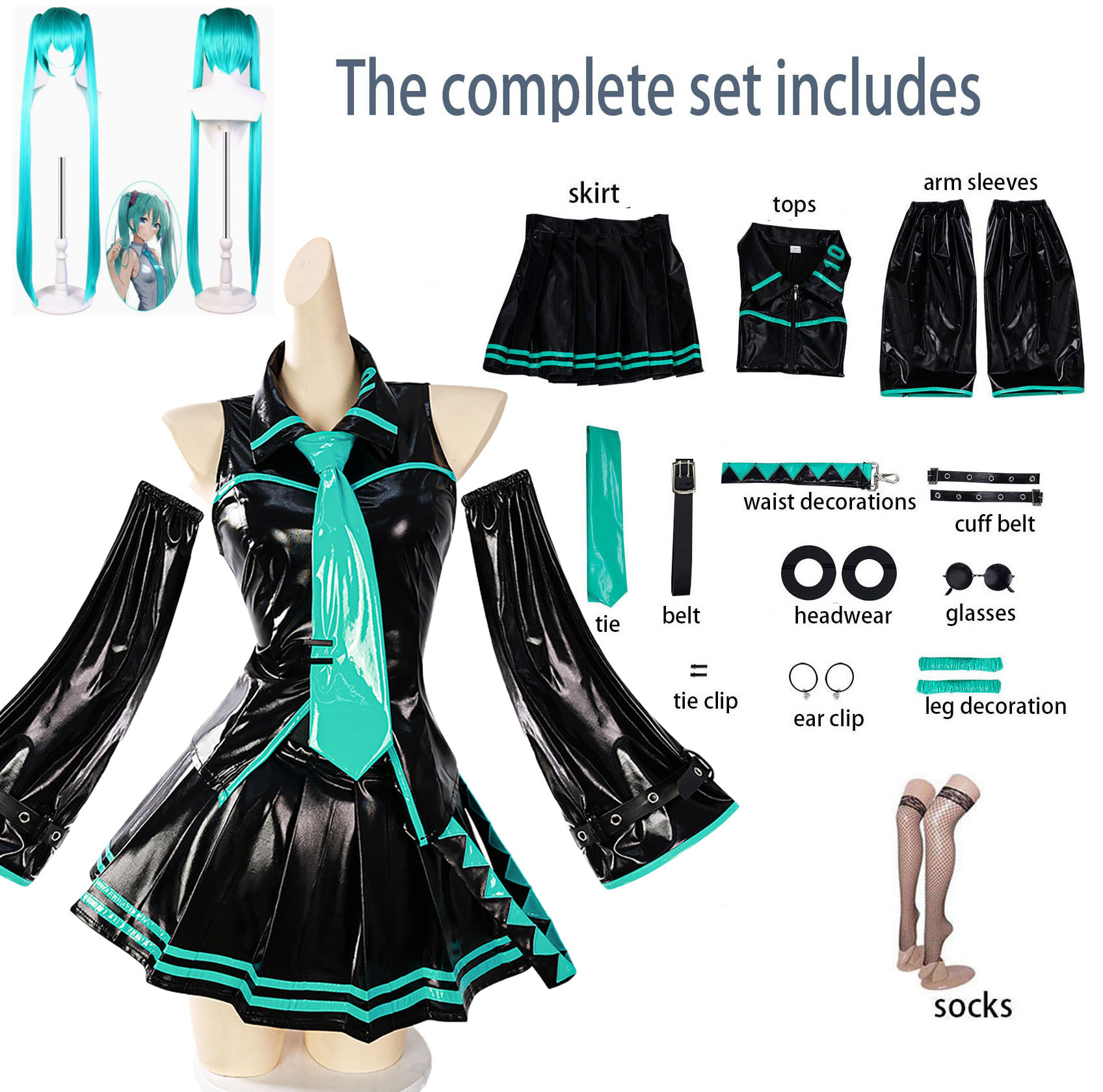 Tenue de cosplay d'idole virtuelle en cuir verni noir et vert, accessoires complets, perruque, chaussettes, bijoux pour Comic Con Party