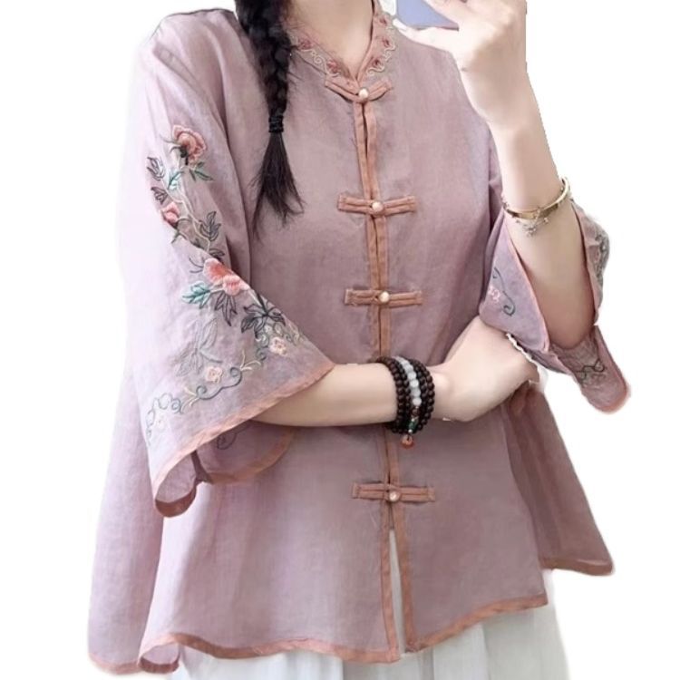 Été nouveaux hauts rétro couleur contrastée coton et lin brodé ethnique vent Blouse manches évasées Cardigan chemise pour les femmes