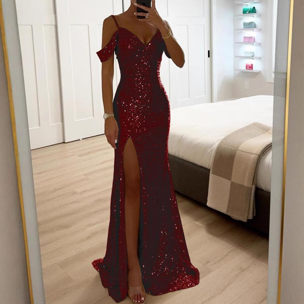 Robe de soirée pour femmes, épaules dénudées, col en V, fente latérale, longueur au sol, paillettes, robe de bal, sans manches, bal de mariage, Banquet, Maxi
