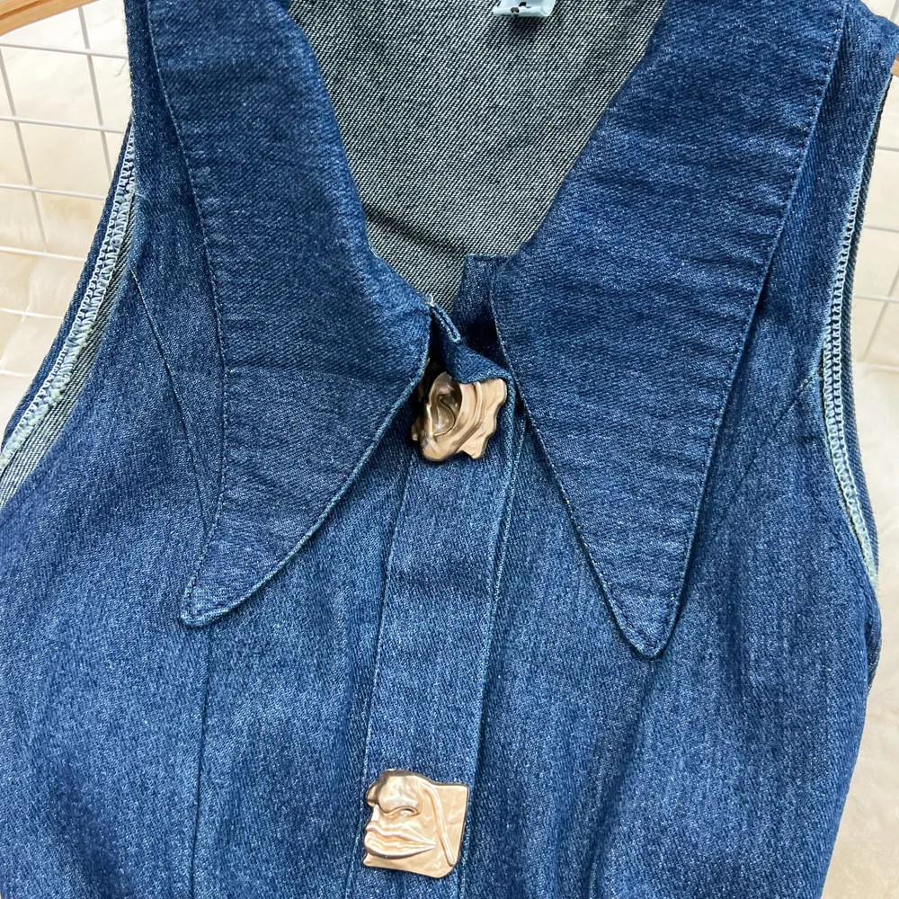 Robe en jean évidée à col rabattu pour femmes, robes longues en denim, taille haute, mince, simple boutonnage, éducatif, club de fête