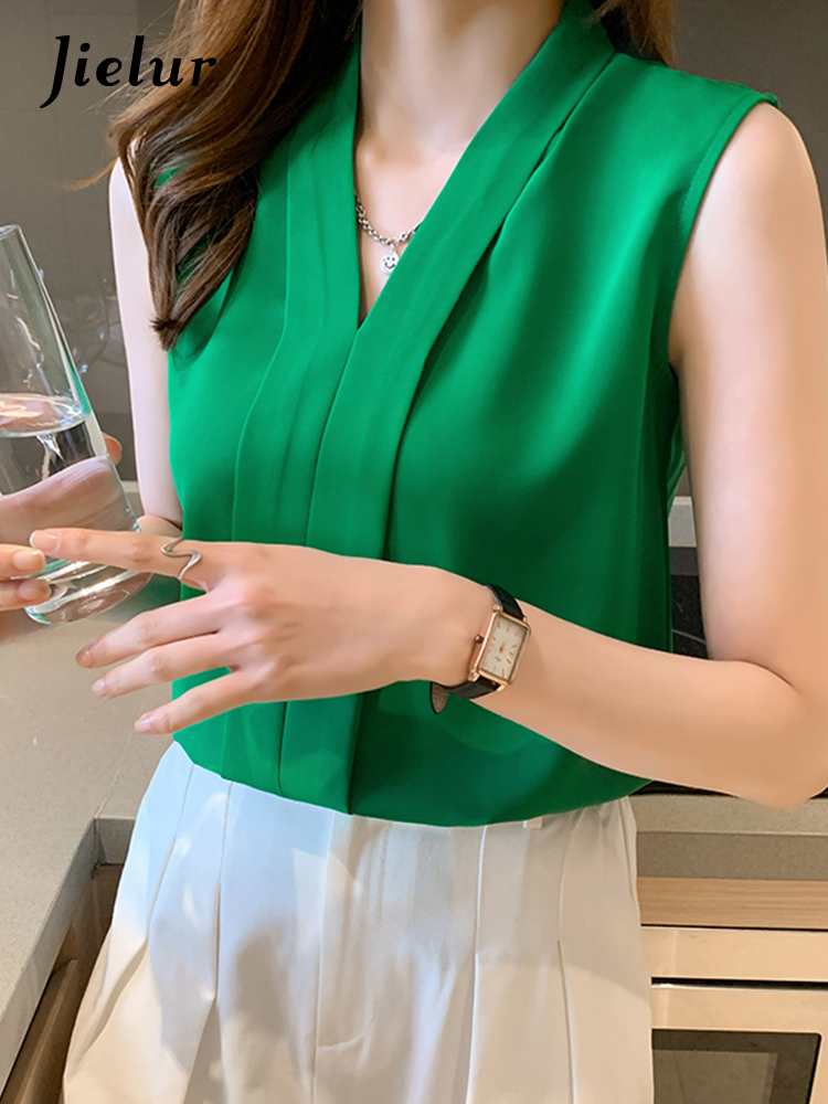 Jielur – chemisier en mousseline de soie pour femme, haut sans manches, col en v, blanc, élégant, couleur unie, bureau, Chic, été