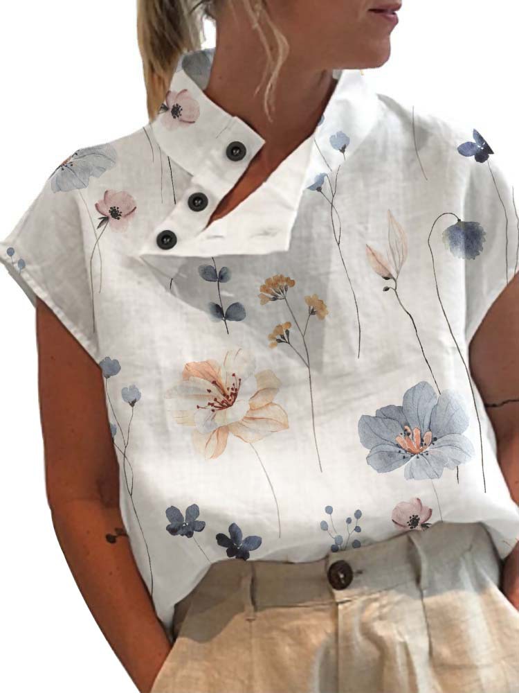 Été Chic Blouse haut pour femme mode imprimé fleuri à manches courtes chemise femme boutons décontractés col montant haut ample Blusas