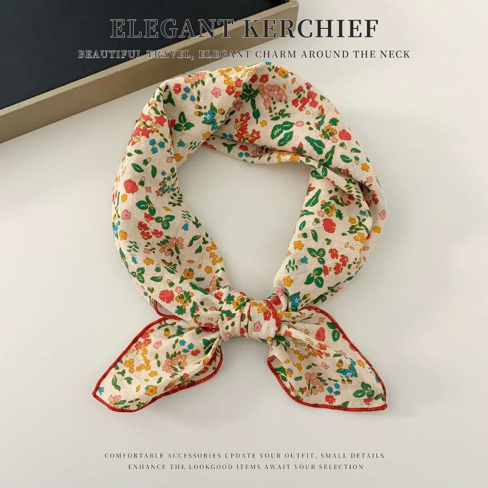 Élégant foulard carré petit format motif cachemire, foulards imprimés fleurs de cerisier en coton et lin, bandeau coréen, foulard en soie imprimé, pour l'extérieur