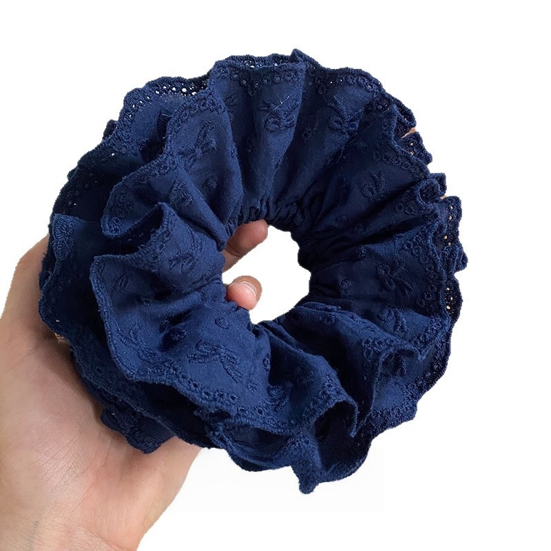 Chouchou en coton à quatre couches avec nœud brodé bleu marine, style Ballet, attache de cheveux littéraire et élégante pour coiffures de chignon, 1 pièce