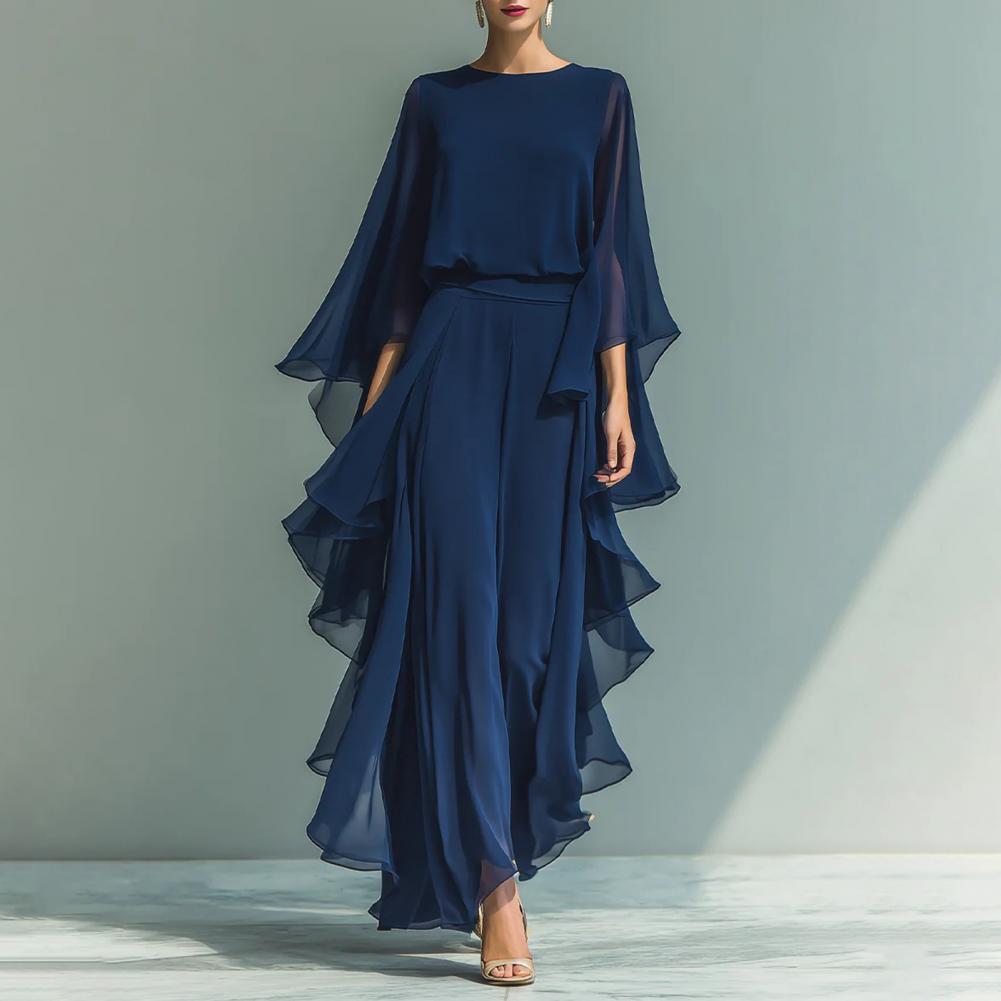 Ensemble deux pièces pour femme, haut et pantalon, coupe ample décontractée, chemise à manches cloche à volants, couleur unie, pantalon à jambes larges