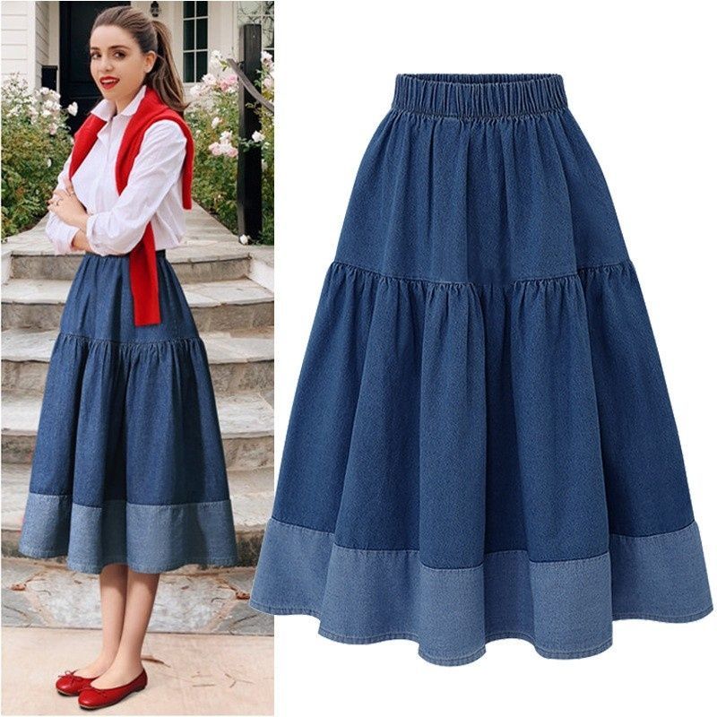 Jupe en jean bleu femmes taille haute jupes longues à plusieurs niveaux Denim élastique tenue décontractée taille élastique une ligne jean jupe filles vêtements
