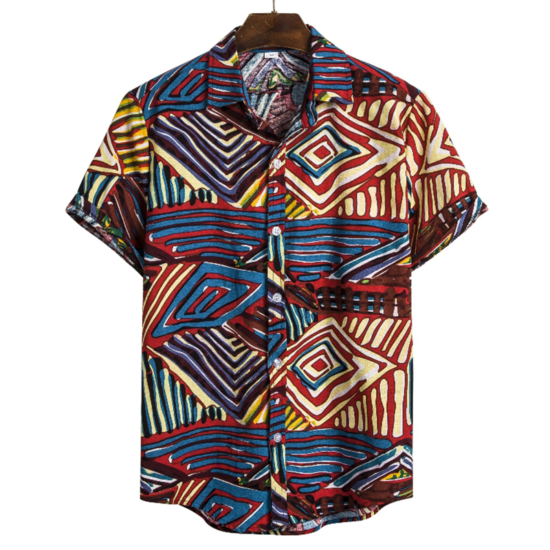 Chemise à manches courtes pour homme en coton et polyester, motif géométrique bohème 3D, style plage hawaïen, haut décontracté