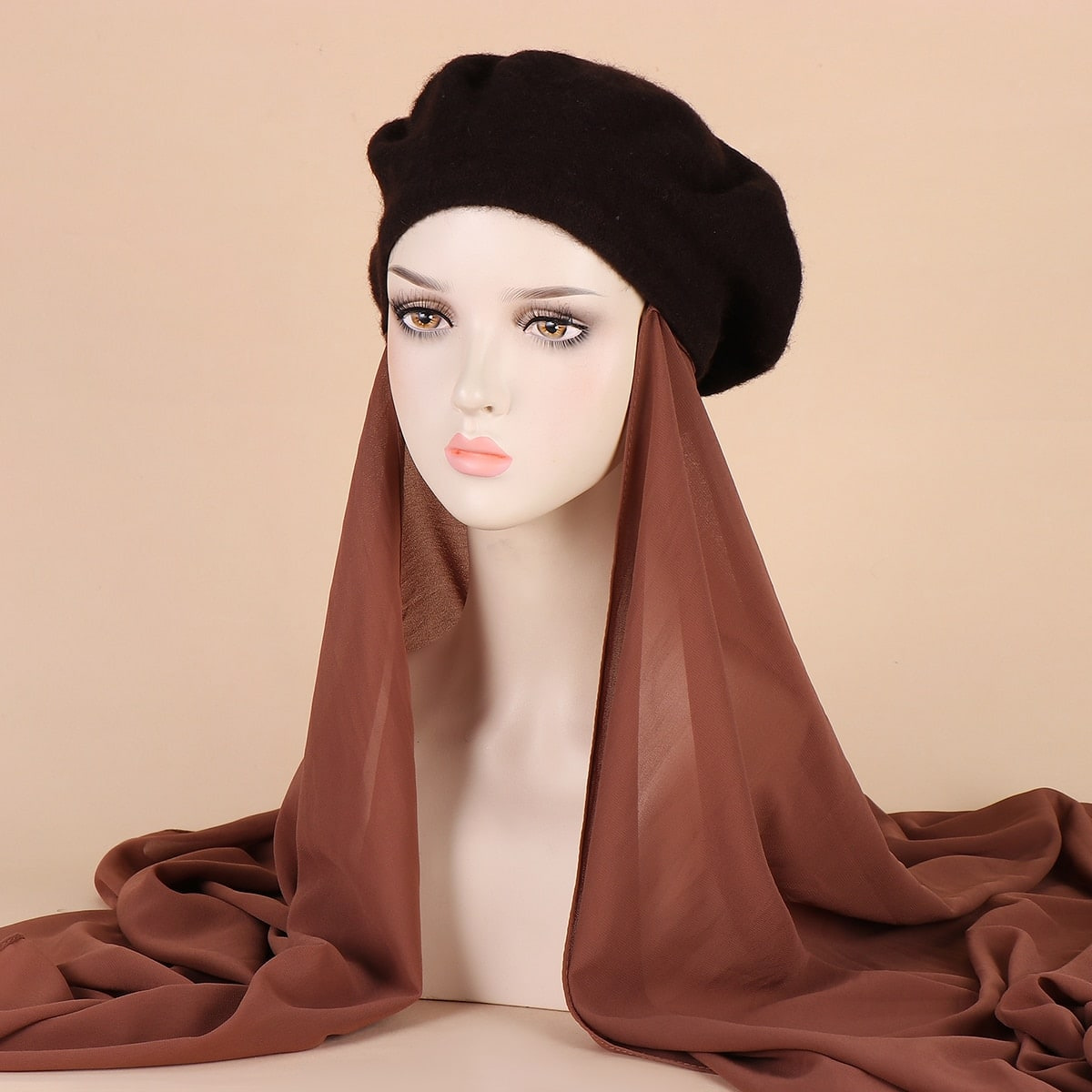 Musilm femmes instantanées en mousseline de soie HIjabs avec béret chapeaux Style français chapeaux avec mousseline de soie Hijab Baret chapeau plat avec mousseline de soie Hijabs