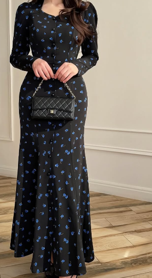 Robe longue élégante à imprimé floral pour femme, décontractée, à manches longues, avec ourlet à volants, moulante et fluide, collection Printemps 2026, style chic