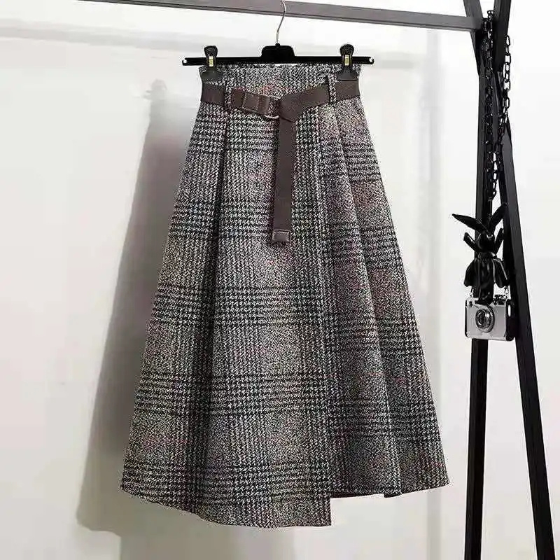 Femmes coréennes mode loisirs Plaid laine jupe automne hiver nouvelle taille haute mi-longue irrégulière laine jupes Femme grande taille 4XL