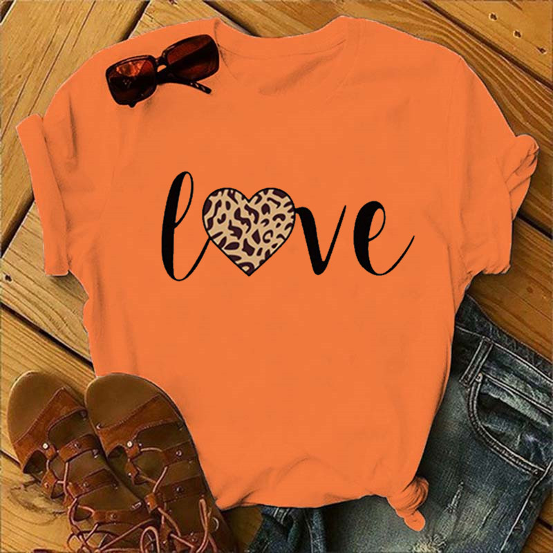 Léopard amour imprimé femmes t-shirt à manches courtes col rond lâche femmes t-shirt dames mode t-shirt hauts vêtements Camisetas Mujer