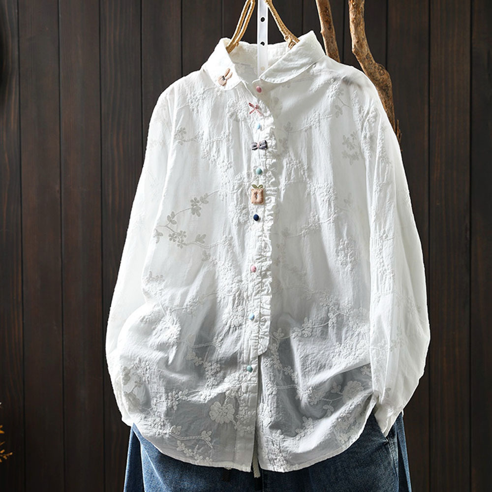 Vêtements vintage japonais 2026, mori kei, printemps, chemises et blouses à col Peter Pan, beige, blanc, dentelle brodée, vêtements mignons