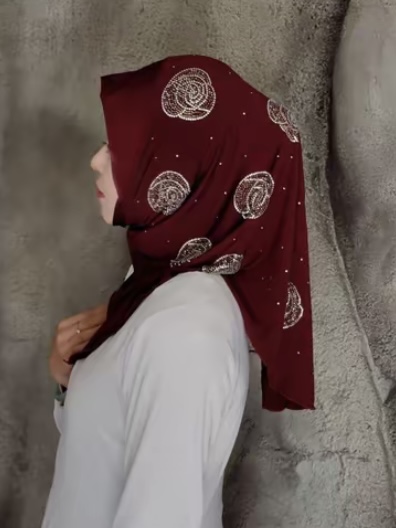 Hijab instantané en jersey doux pour filles musulmanes, motif diamants et roses