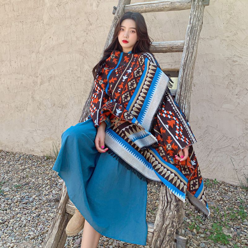 Poncho bohème à fleurs pour femmes, capes Everaks, haut rouge, glands chics, vêtements d'extérieur vintage, automne 2021