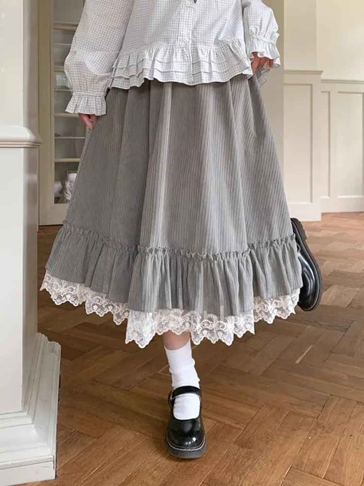 Printemps doux mignon jupe longue femmes Vintage Preppy Style dentelle Patchwork Kawaii jupes japon rétro décontracté dame élégante jupes longues