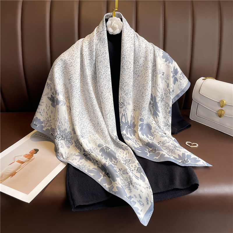Foulard carré en Satin sergé imprimé de luxe pour femmes, Foulard à fleurs pour cheveux, châle enveloppant, Bandanda Hijab, bandeau pour la tête, 90cm