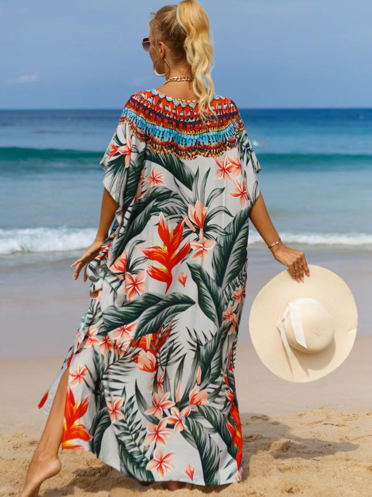 Robe caftan à imprimé tropical pour femme, vêtement de plage, élégant, maxi, pour les vacances, offre spéciale, livraison directe
