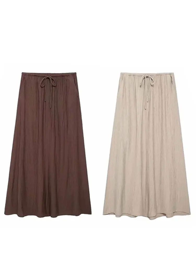 HH – jupe mi-longue ample et décontractée pour femmes, élégante, couleur unie, cordon de serrage, ligne a, mode féminine, Streetwear, été 2024