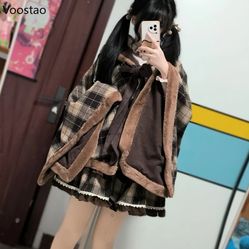 Manteau Everak en laine de style Lolita vintage japonais pour femmes, arc mignon, plaid, chaud, châle à capuche, vestes, ponchos en peluche pour filles, automne, hiver