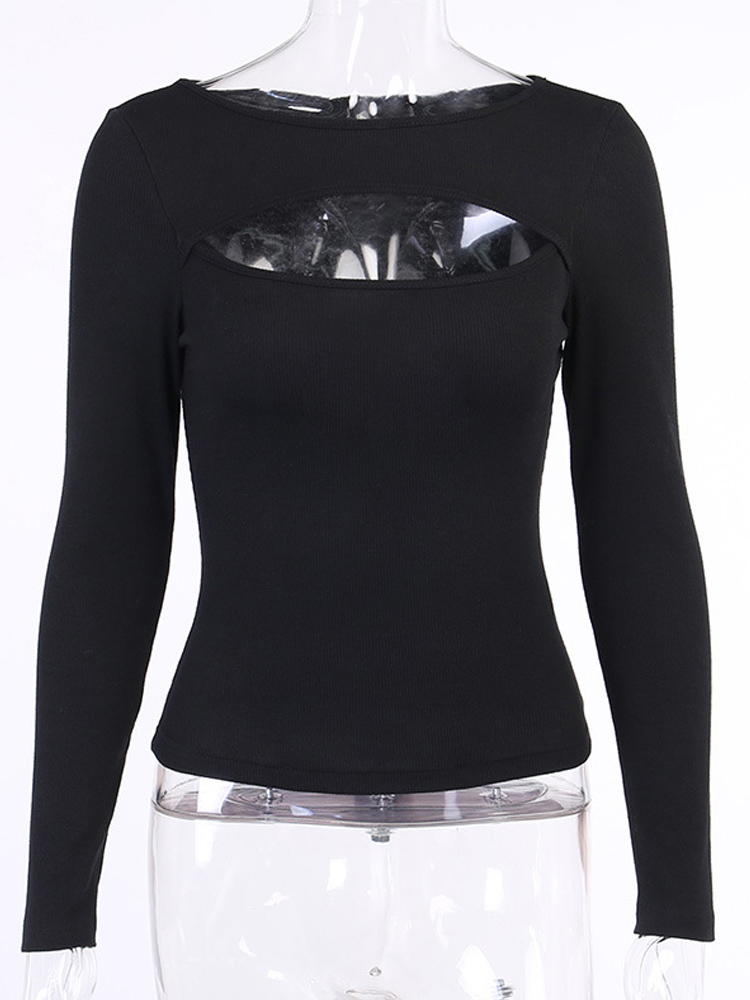 Automne femmes t-shirt évider solide noir blanc à manches longues tricoté t-shirt hauts décontracté mince col rond mode t-shirt