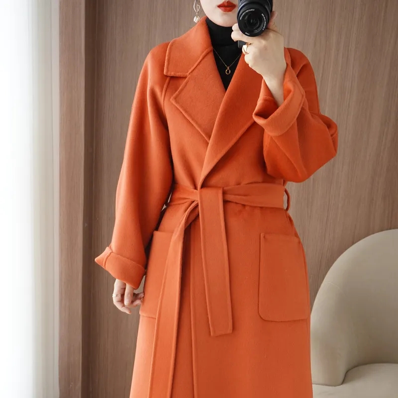 Manteau 100 % Laine pour Femme, Collection Automne/Hiver 2026, Tendance et Élégant, Manteau Long en Cachemire Double Face avec Ceinture