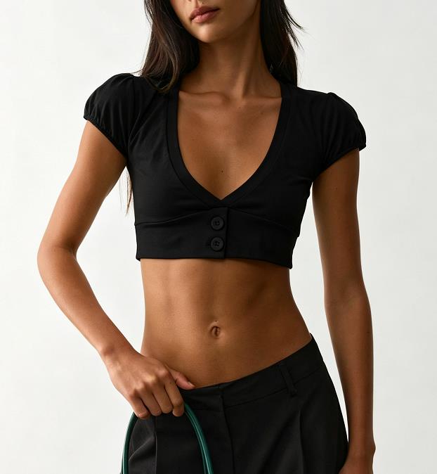 Tops courts d'été pour femmes, couleur unie, manches courtes, col en V, coupe ajustée, style camisole, rétro années 00, streetwear