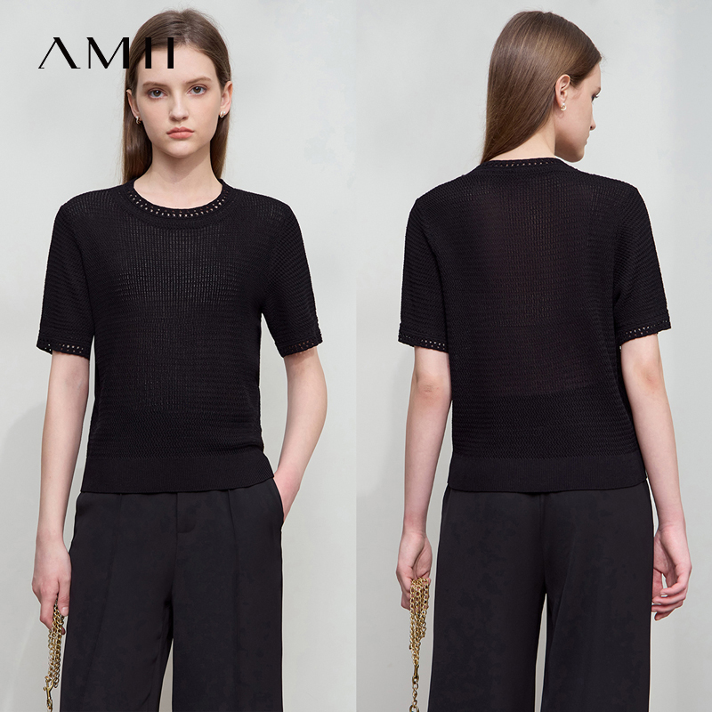 AMII Minimalism Loose Tops Fashion O-Neck Short Sleeve Comfortable Ventilate Green Knitted Sweater Women Clothing 12552106