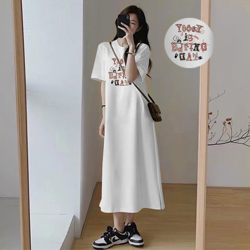 Robe T-shirt ample coréenne pour femme, blanche, imprimé lettres, manches courtes, décontractée, fendue sur le côté, longueur maxi