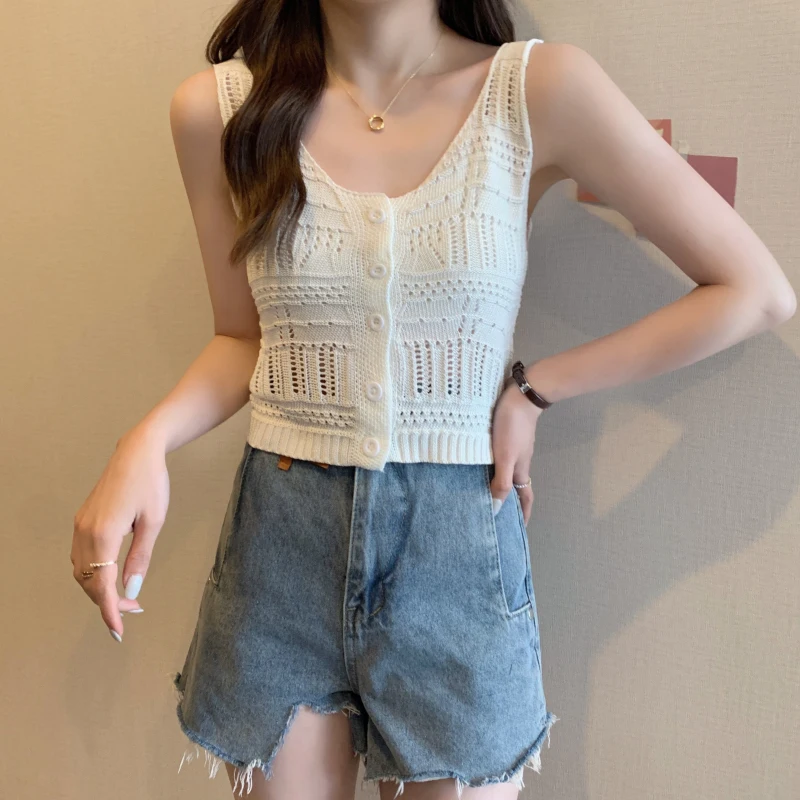 Haut en tricot crocheté pour femmes, vêtements de plage Boho, haut court en fibre à boutons sur le devant, tenue de printemps et d'été pour femmes