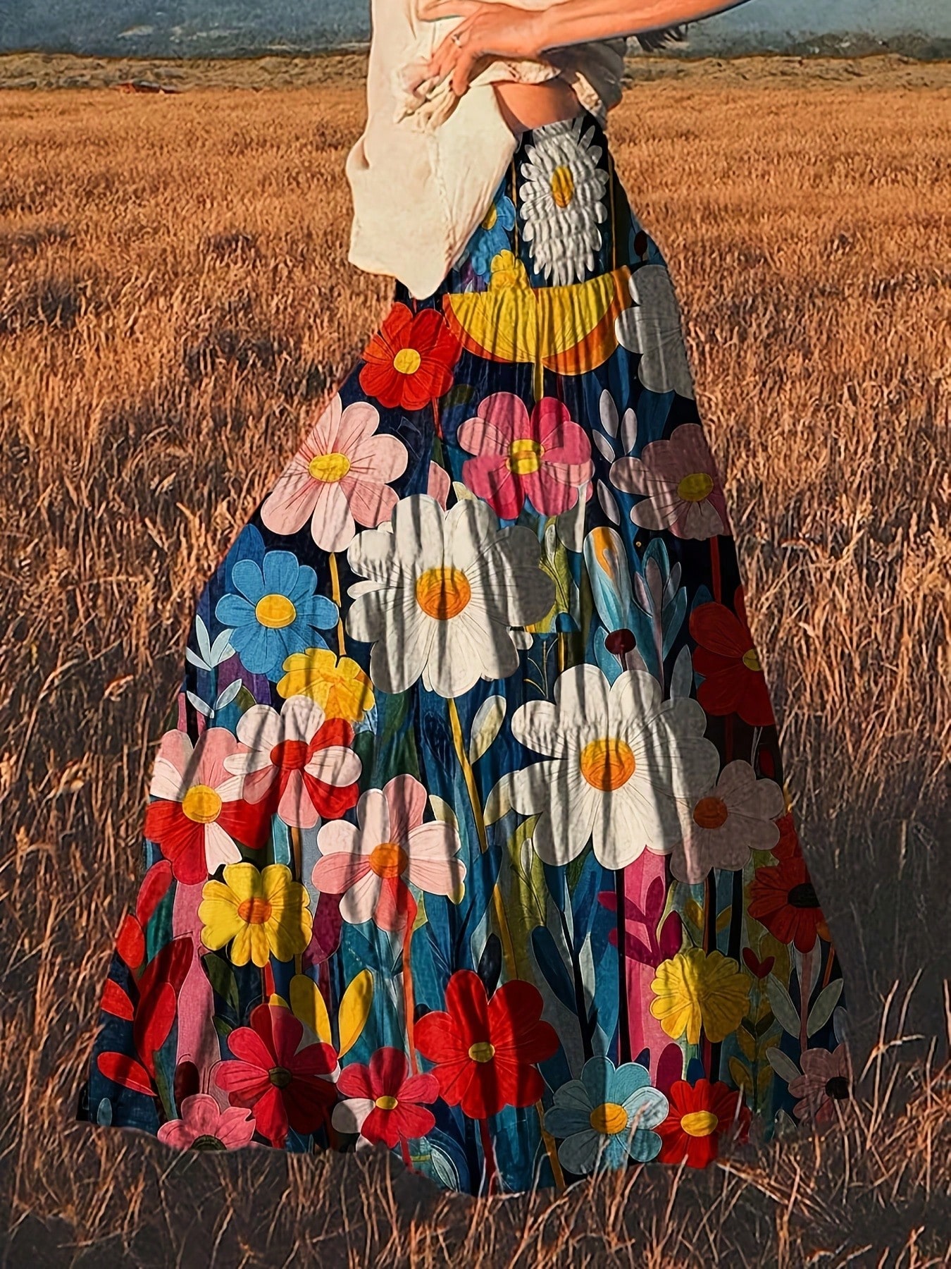 Tenue de fête élégante pour femmes grandes tailles, style pastoral, idéale pour les fêtes du Nouvel An, avec une jupe midi superposée à imprimé floral et taille cintrée, parfaite pour le printemps, l'été et l'automne, avec une jupe de bureau à motif floral vintage.