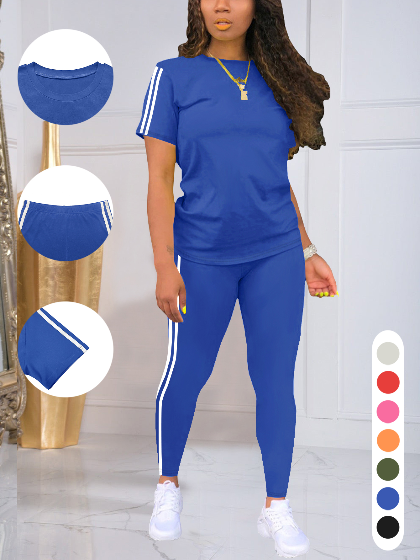 Ensemble de vêtements de sport d'été à rayures latérales pour femmes, manches courtes, pantalons longs, couche de Base respirante, tenue colorée décontractée