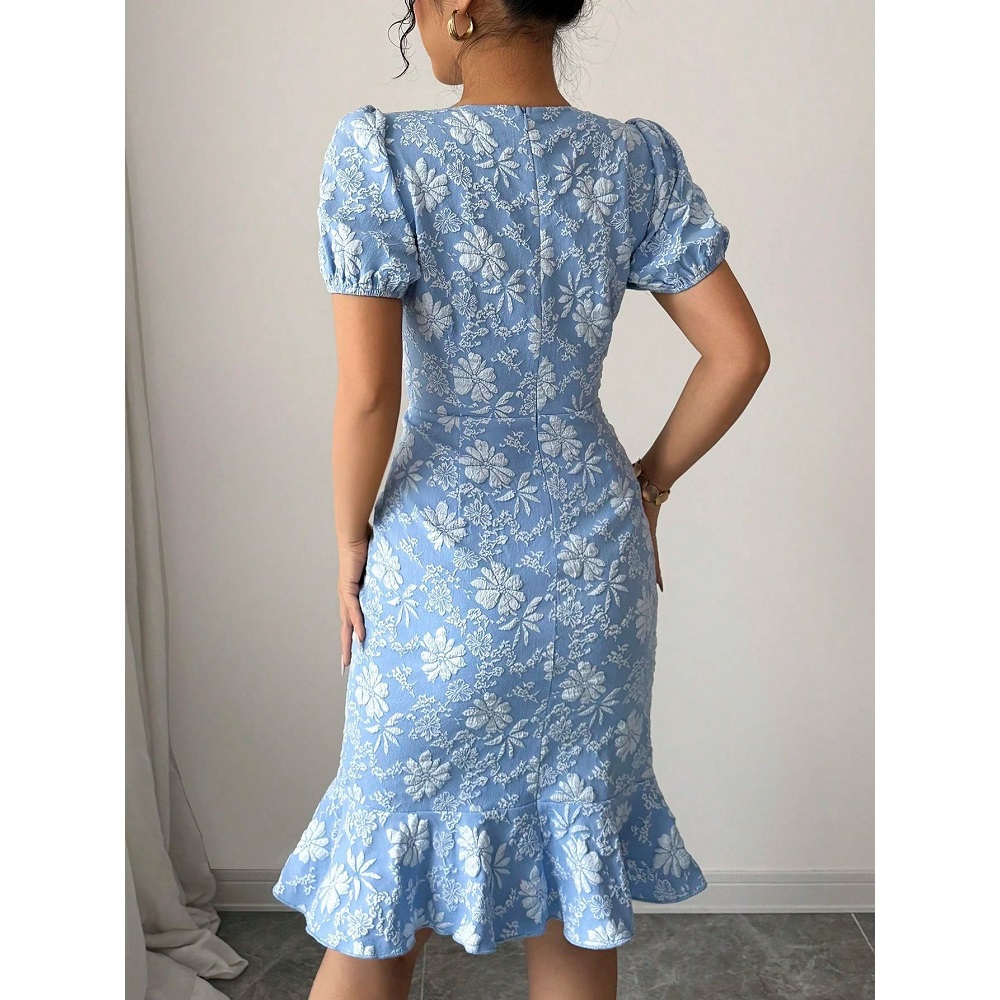    Robe de soirée brodée de fleurs pour femmes, tenue de bureau, col rond, manches courtes, couleur unie, Slim, élégante, moulante, été