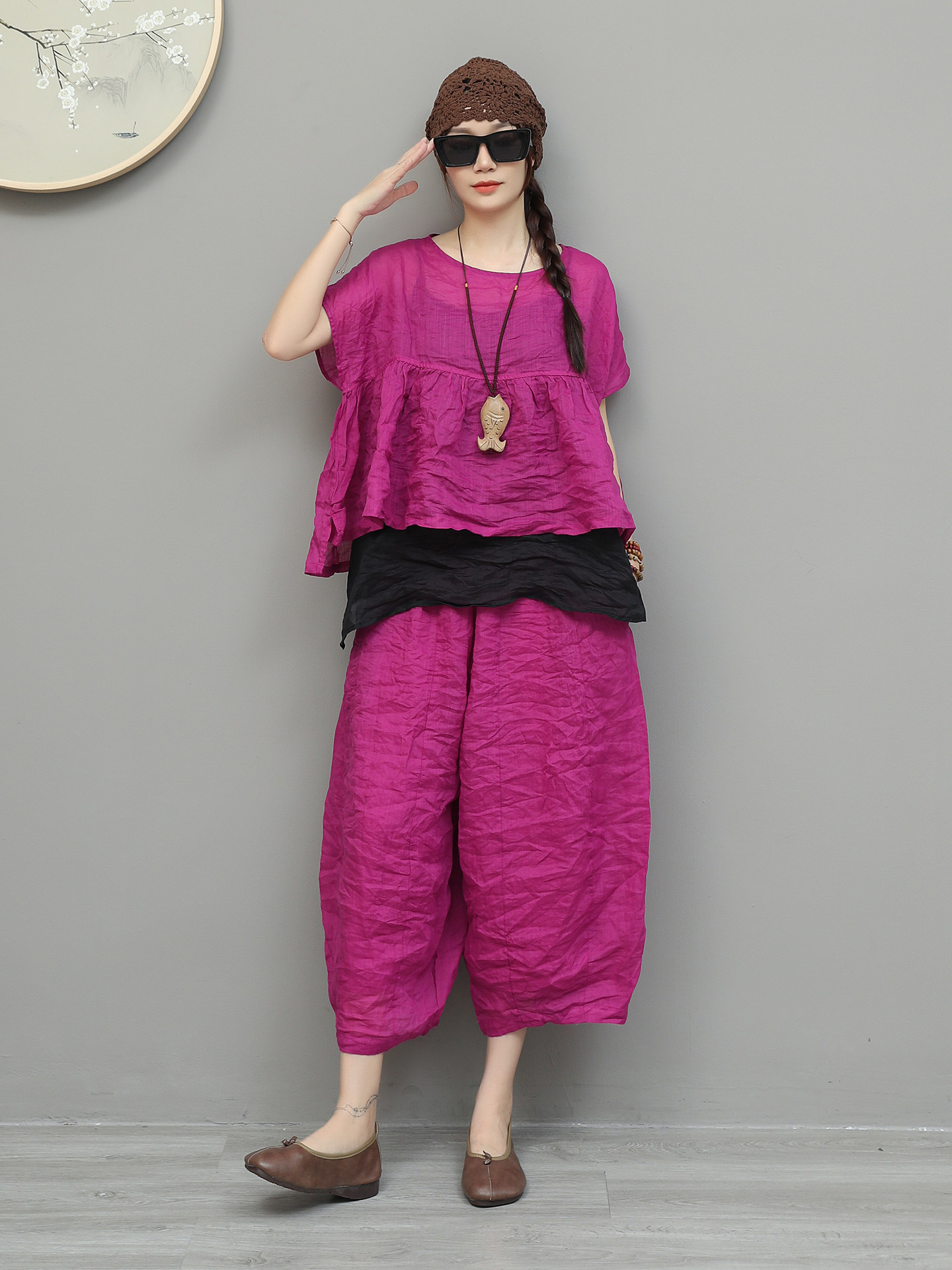 Ensemble décontracté 2 pièces pour femme : haut court à manches courtes et pantalon large à jambes courtes (T-shirts et pantalons)