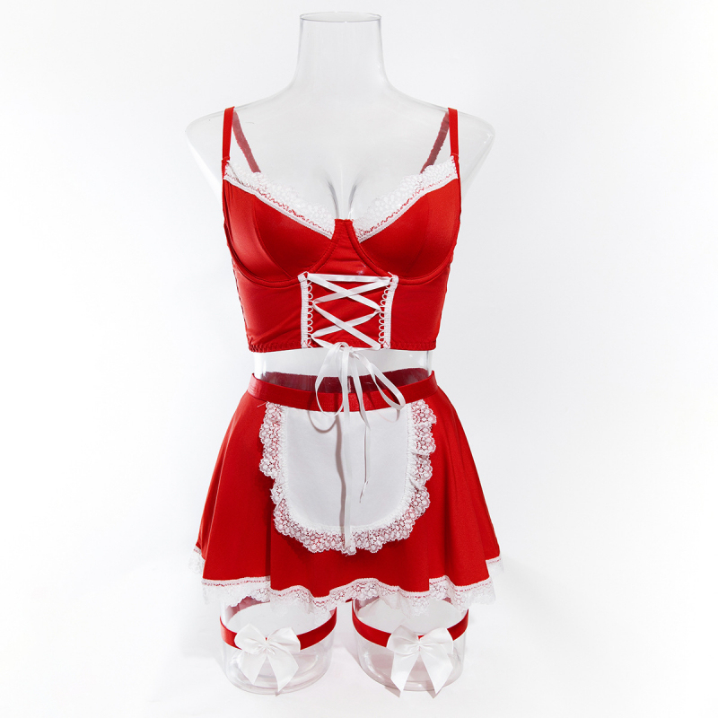 Bikini avec fines bretelles en dentelle séduisantes, ceinture amincissante, jarretières, costume de soubrette pour jeux de rôle