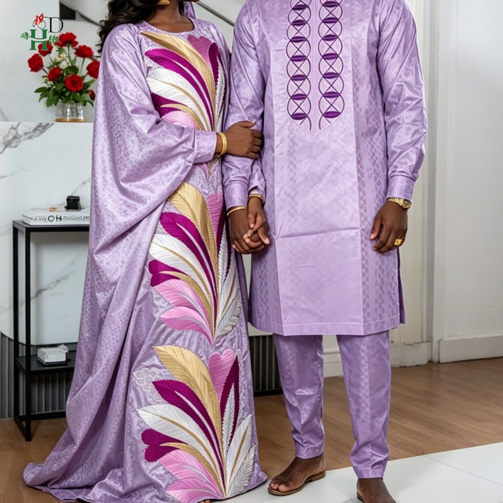 Robes africaines H&D pour couple, ensemble traditionnel violet assorti, tenue brodée pour homme, robe originale de Dubaï pour femme.