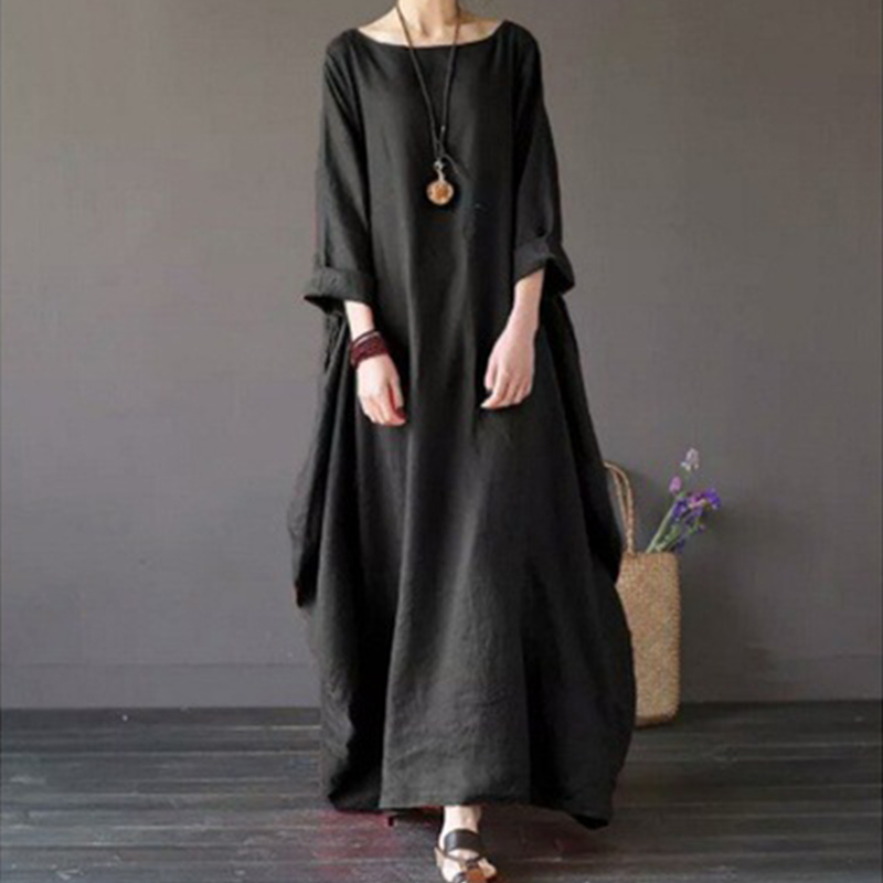 Robe d'été fine en coton et lin pour femmes, style bohème, manches longues, couleur unie, kaftan vintage