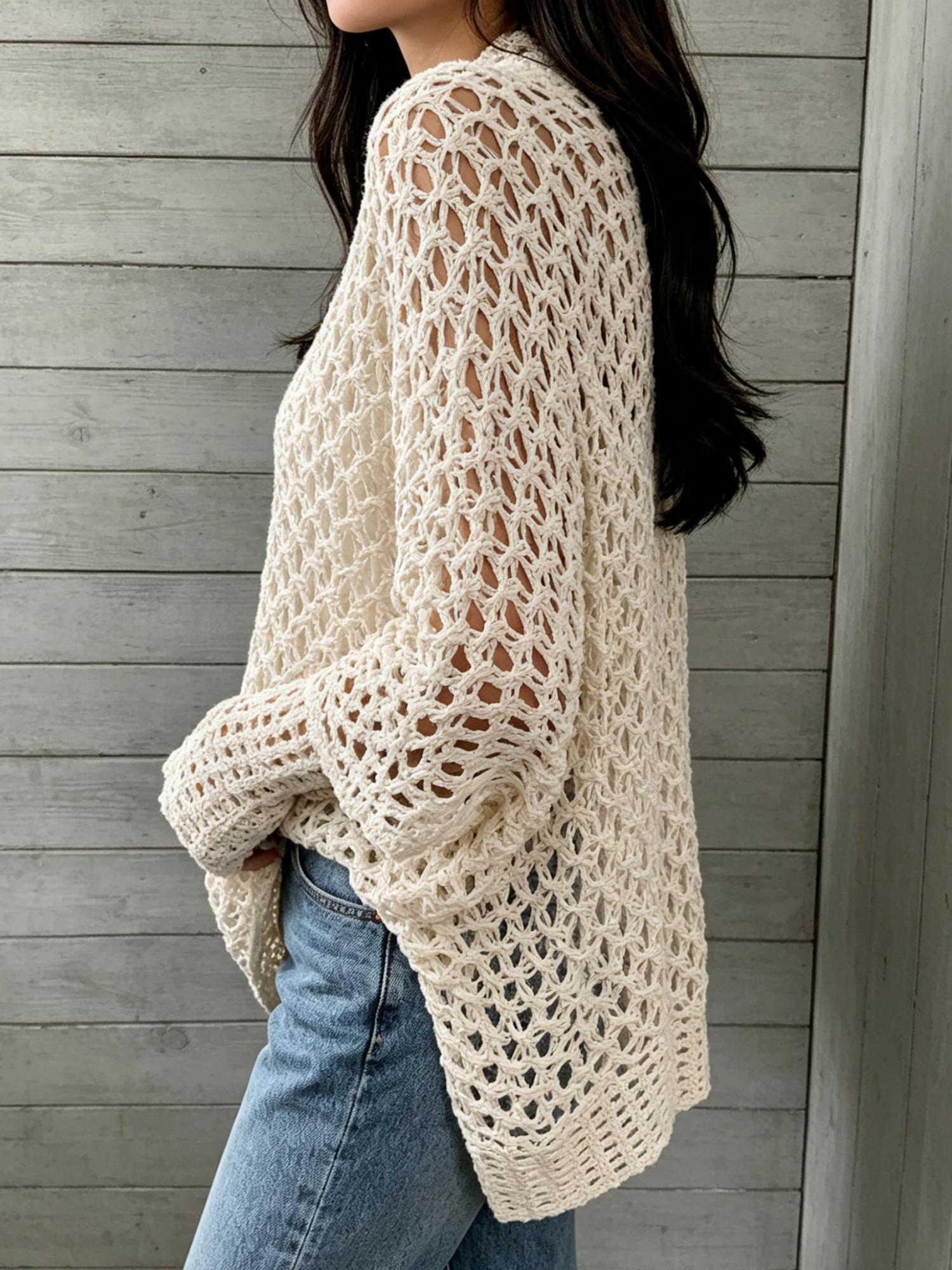 Cardigan en tricot ajouré de couleur unie pour femmes, taille plus, style élégant et tendance, adapté au printemps et à l'été