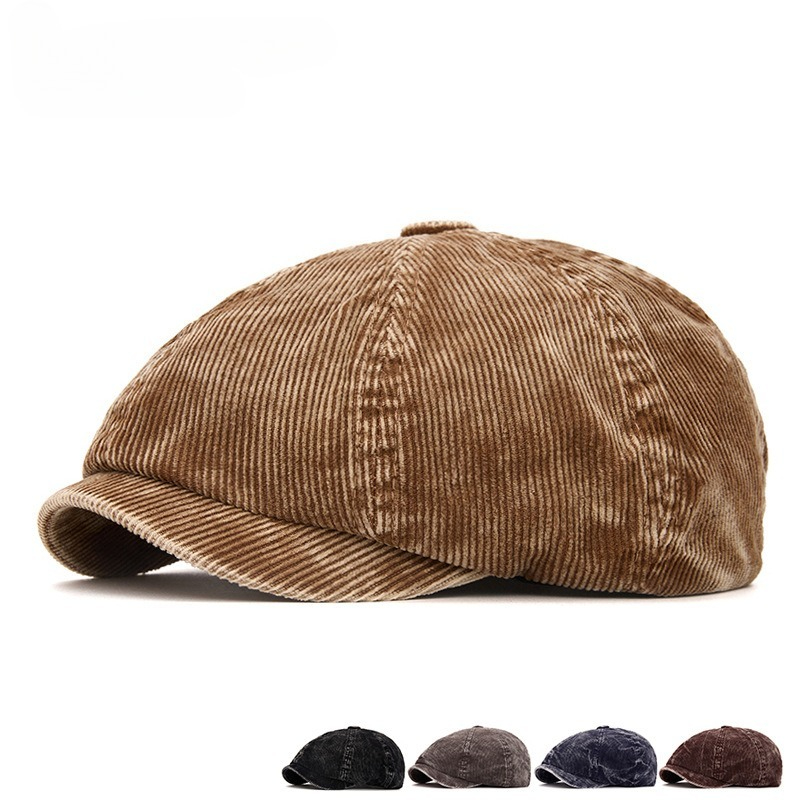 Béret octogonal en velours côtelé lavé de style britannique, chaud pour l'automne et l'hiver, pour hommes et femmes, grande circonférence de tête, casquette élégante.