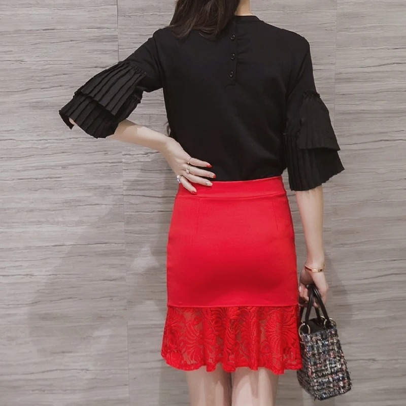 Jupe élastique taille haute pour femme, sexy, avec dentelle et ourlet queue de poisson