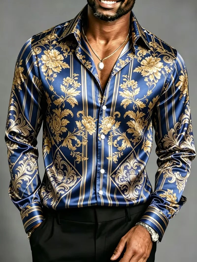 Chemises habillées pour hommes en satin de soie à manches longues, imprimé floral baroque, coupe ajustée, pour soirée, boîte de nuit, décontractées ou formelles