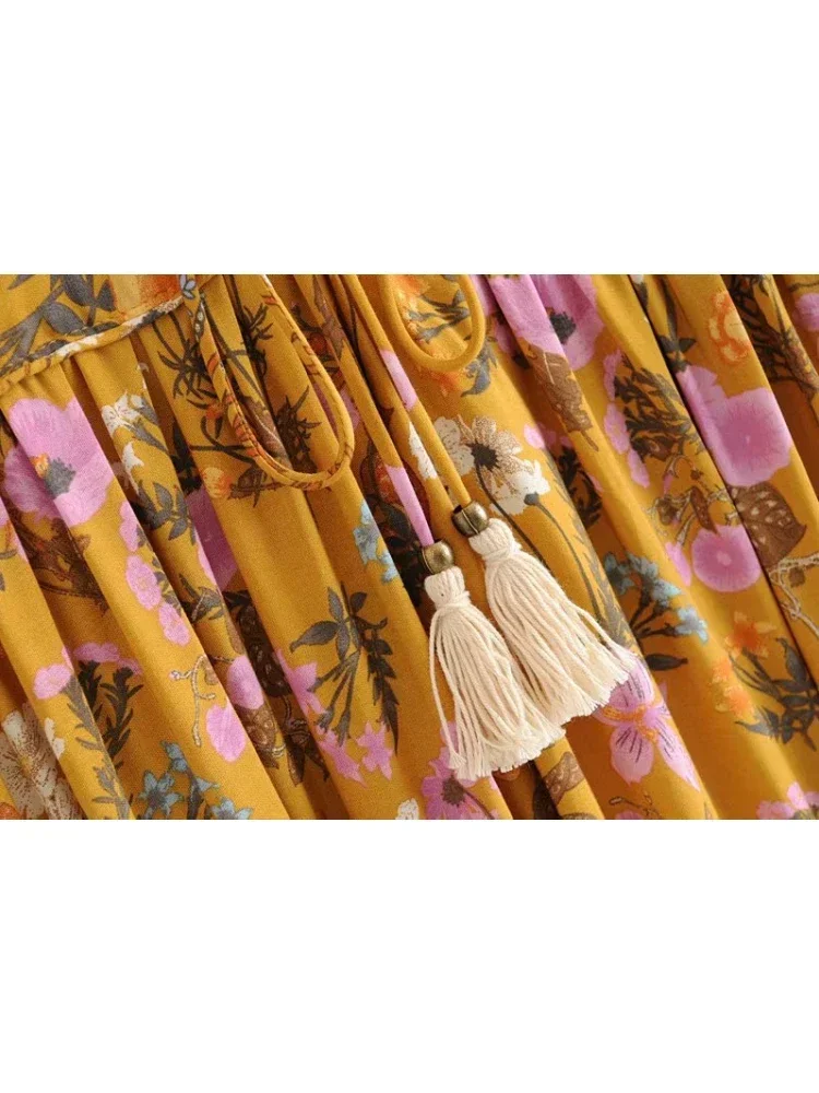 Robe bohème vintage chic pour femmes, imprimé floral, manches évasées, robes maxi pour dames, volants, robe en coton Boho, robe éducative, mode