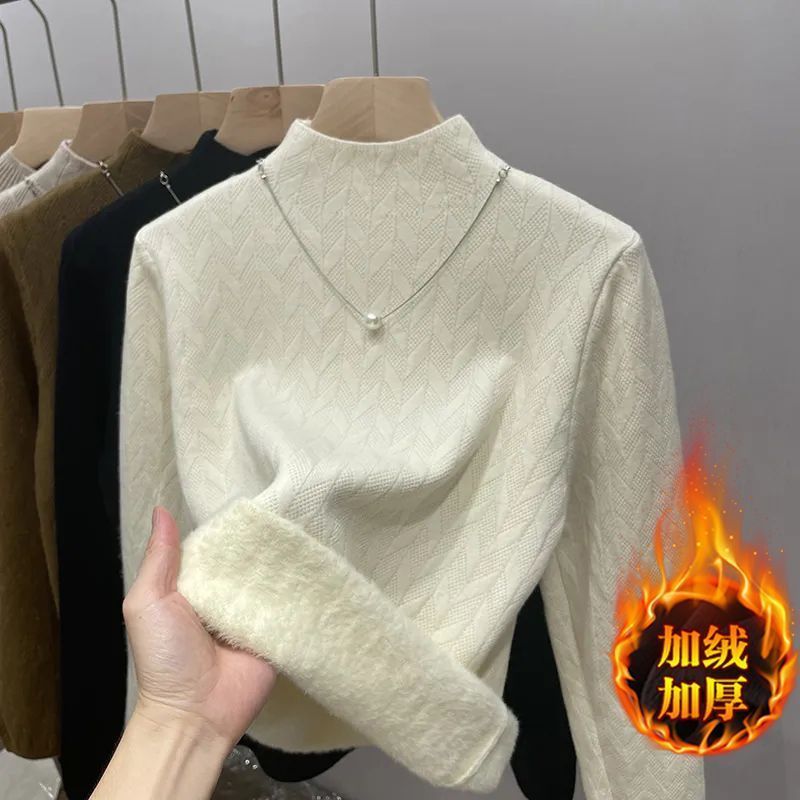 Pull pour femmes hiver peluche velours doublé épaissir demi col roulé respectueux de la peau Jacquard rayures pull thermique hauts pull